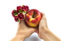 Apple in hands with a beautiful bunch of decorative flowers, handmade on a white and isolated background, fruit Royalty Free Stock Photo