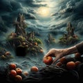 Apple harvesting in a cloudy day artistic illustration