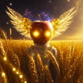 A apple head Astro angel harvesting Golden wheat in outer lands AI generated