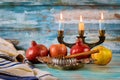 Apple and honey, kosher traditional food of jewish New Year Rosh Hashana talit and shofar
