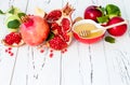 Apple and honey, traditional food of jewish New Year - Rosh Hashana. Copy space background.