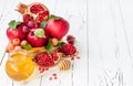 Apple and honey, traditional food of jewish New Year - Rosh Hashana. Copy space background.