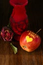 apple i love you with vase and red rose Royalty Free Stock Photo