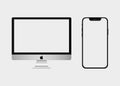 Apple iMac and iPhone. Realistic modern monitor, computer, smart phone. Device Mockup. Electronics industry. Vector illustration.