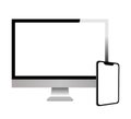 Apple iMac, MacBook and iPhone. Realistic modern monitor, smart phone vector illustration. Royalty Free Stock Photo