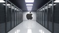 Apple Inc. logo on the wall of the server room. Editorial 3D rendering