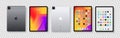 Apple iPads. Front, back view. Gray, silver. Mini, Air, Pro models. Screen, wallpapers, screenshot, calendar, main menu, notes.