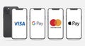 Apple Iphone with different mobile online shopping application logos: Visa Pay, Mastercard Pay, Google Pay and Apple Pay. For