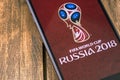 Apple iPhone with FIFA World Cup Russia 2018 logo. Ekaterinburg, Russia - May 11, 2018 Royalty Free Stock Photo