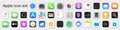 Apple Iphone IOS 15 Apps icon set on transparent background. Apple inc: iTunes, Apple Store, iMovie, iBooks, Apple TV, FaceTime