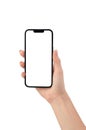 Apple iPhone 13 mock up in a female hand isolated on a white background Royalty Free Stock Photo