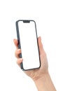 Apple iPhone 13 mock up in a turned female hand isolated on a white background Royalty Free Stock Photo