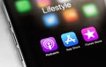 Apple iPhone with Podcasts, App Store, iTunes icons app on screen