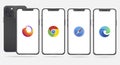 Apple Iphone with a popular internet browser application logos 2020; mozilla firefox, google chrome, safari and microsoft edge. Royalty Free Stock Photo