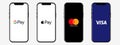 Apple Iphone with popular payment systems: Apple Pay, Google Pay, Visa, Mastercard. Vector phone template for your banner,