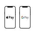 Apple Iphone with popular payment systems: Apple Pay and Google Pay. Vector phone template for your banner. Popular payment