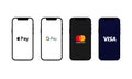 Apple Iphone with popular payment systems. Payment system logos: Mastercard, Visa, Apple pay, Google pay. Vector. Zaporizhzhia, Royalty Free Stock Photo