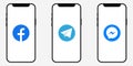 Apple Iphone with popular social media icons: Facebook, Telegram, Messenger. Vector phone template for your banner, advertisement