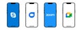 Apple iPhone with popular streaming servises: Skype, Duo, Zoom, Meet. Vector phone template for your banner, advertising, website Royalty Free Stock Photo