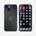 Apple iPhone 13. Smart phone. Midnight color. Touch screen. World technology. Screen smart phone with IOS 15 and back side phone.