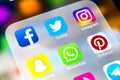 Apple iPhone X with icons of social media facebook, instagram, twitter, snapchat application on screen. Social media icons. Social Royalty Free Stock Photo