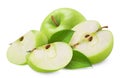 Apple isolated. Juicy ripe green apple and sliced apple slices on white background. Royalty Free Stock Photo