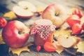 Apple jam in jar and apple fruits. Autumn still life. Royalty Free Stock Photo