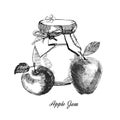 Apple jam.Hand drawn illustration. Ink sketch of canning apples, isolated on white background. Royalty Free Stock Photo