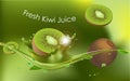 Realistic, vector image of a kiwi fruit on a background of leaves and a glass of juice Royalty Free Stock Photo