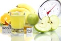 Apple juice in glass, fruit meter scales diet food