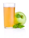 Apple juice in glass and green juicy apple with green leaf on white background