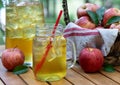 Apple juice in glass and pitcher with fresh apples Royalty Free Stock Photo