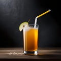 Apple juice in glass with straw placed on wooden table with dark black background. Generative AI. Royalty Free Stock Photo