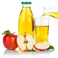Apple juice pouring apples fruit fruits glass bottle square isolated on white Royalty Free Stock Photo