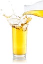 Apple juice pouring pour splash splashing glass bottle isolated on white Royalty Free Stock Photo