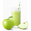 Apple juice or smoothie in glass with straw, apple fresh isolated on transparent background. Green apple, whole and slice, Royalty Free Stock Photo