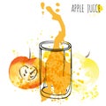 Apple juice splash vector watercolor illustration. Apple with splash and glass isolated on white background. Apple drink Royalty Free Stock Photo