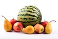 Apple large plvnom. pear closeup. watermelon close up. a lot of fruits. fruit season Royalty Free Stock Photo