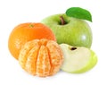 Apple with leaf and tangerine fruits, peeled segments isolated Royalty Free Stock Photo