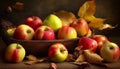 apple with leaf and wood, freshness, nature, table, healthy eating, organic, ripe, vegetable generated by AI