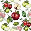 Apple and leaves on white ground hand drawn seamless pattern watercolor illustration.dark