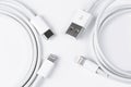 Apple Lightning to USB-C and USB cable closeup, macro Royalty Free Stock Photo