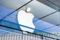 Apple logo above the entrance to the store located in Stanford shopping center