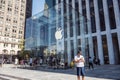 Apple Logo hung in the glass cube entrance to the famous Fifth Avenue Apple Store in New York. Royalty Free Stock Photo