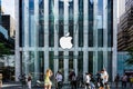 Apple Logo hung in the glass cube entrance to the famous Fifth Avenue Apple Store in New York. Royalty Free Stock Photo