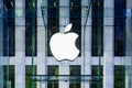 Apple Logo hung in the glass cube entrance to the famous Fifth Avenue Apple Store in New York. Royalty Free Stock Photo