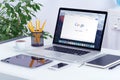 Apple MacBook Pro on desk with Google search web page Royalty Free Stock Photo