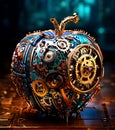 An apple made of intricate clockwork, with tiny gears and cogs exposed on its surface, illustration