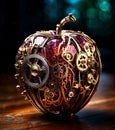 An apple made of intricate clockwork, with tiny gears and cogs exposed on its surface, illustration