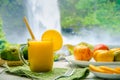 Apple and mango fruit juice in a glass with slice of orange as a garnish and tropical waterfall in the background Royalty Free Stock Photo